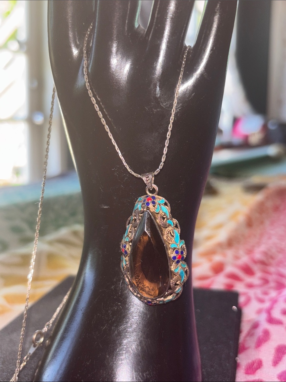 Large Smoky Quartz turquois pure silver tear drop art deco necklace